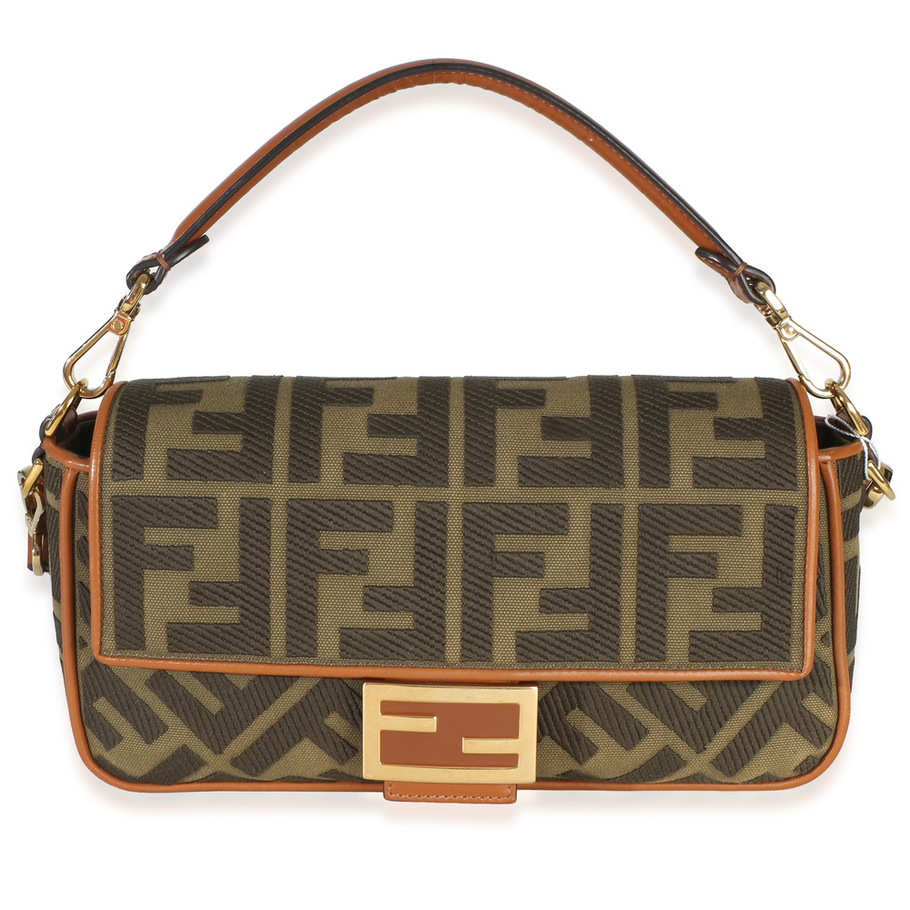 Fendi Green Tan FF Embroidery Canvas Medium Baguette Bag